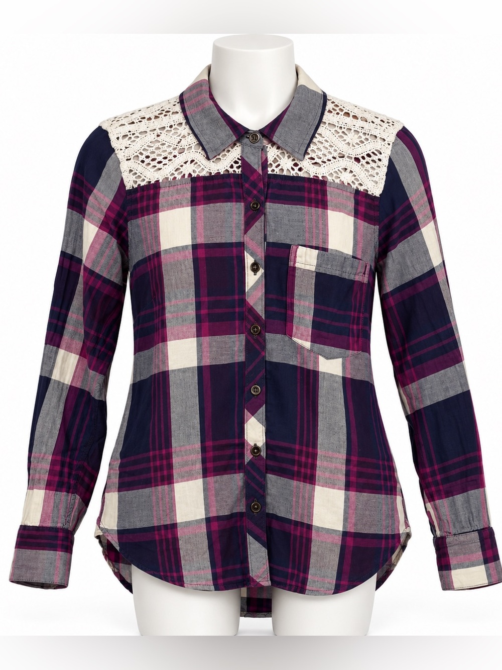 Lucky Brand Purple & Navy Plaid Button-Down Shirt with Crochet Yoke